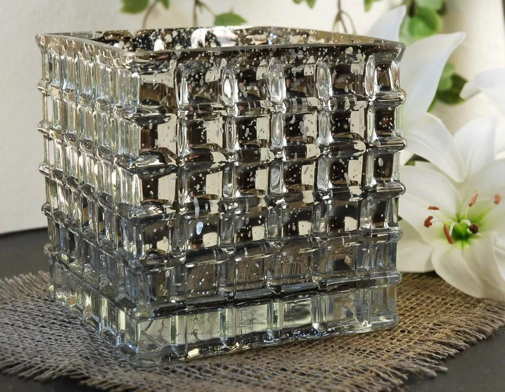 Silver Mercury Textured Glass Cube 6" - Square Vase & Candle Holder 2 Silver Mercury Textured Glass Cube 6" - Square Vase & Candle Holder - Image 2