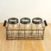 Wire Basket With 3 Glass Mason Jars With Frog Lids