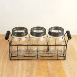 Wire Basket With 3 Glass Mason Jars With Frog Lids